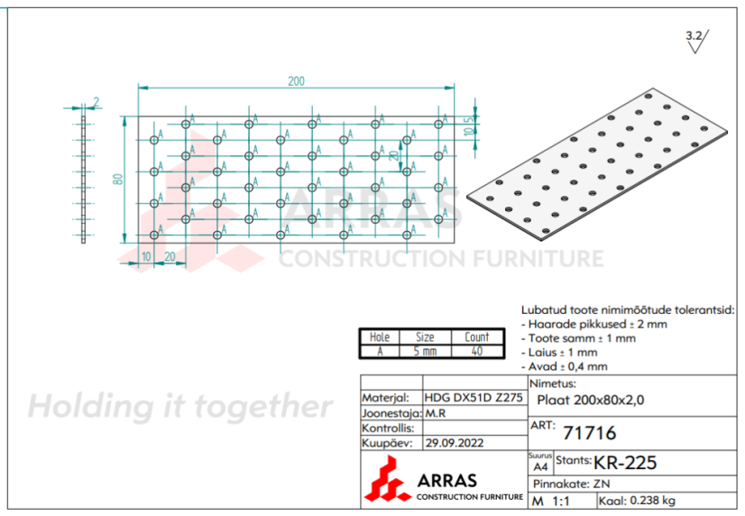 PP9 / PP17 Destička perforovaná 80x200x2mm tesařská spojka děrovaná pozinkovaná CE