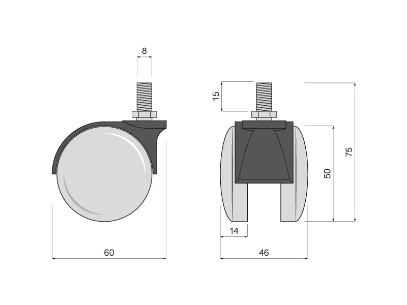 Kolečko otočné d50 s čepem M8