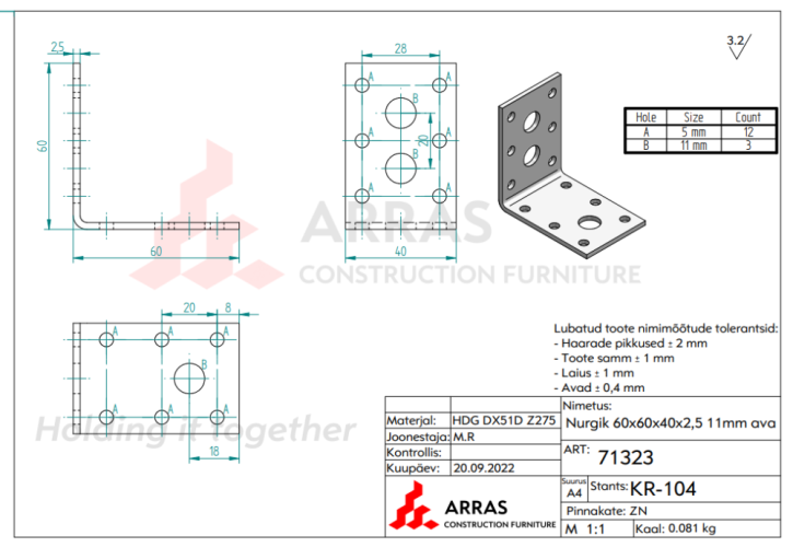 KL 6 / KL 2 Kątownik łącznikowy ciesielski 60x60x40x2,5mm