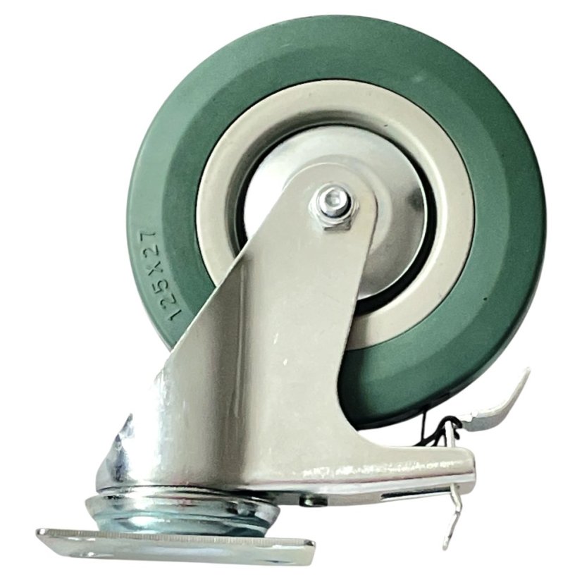 Otočné pojezdové kolo s brzdou d125/80kg, šedý kaučuk, kluzné ložisko