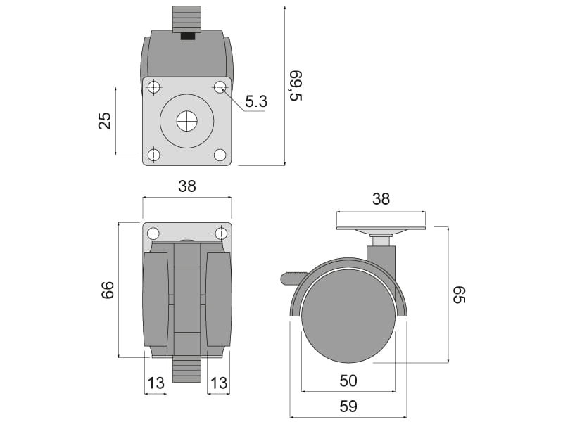 Kolečko otočné d50 s montážní deskou a brzdou