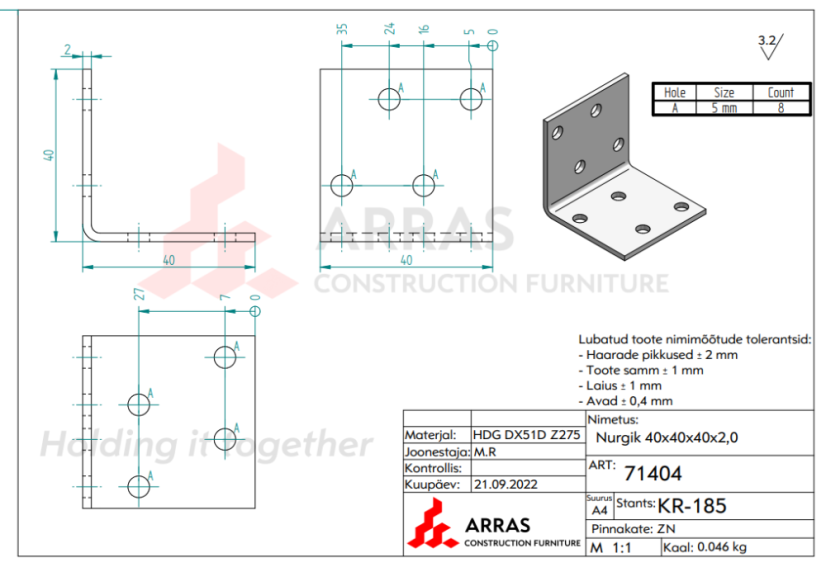 KM1 Kątownik montażowy ciesielski40x40x40x2mm
