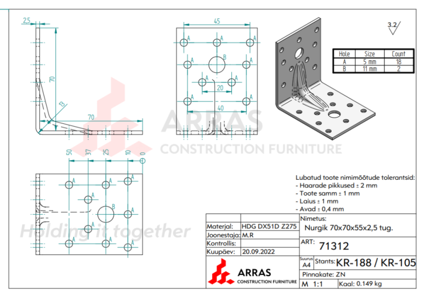KP 4 Stavební Úhelník tesařský s prolisem 70x70x55x2,5mm